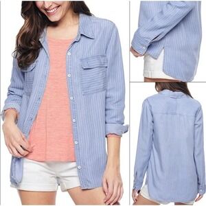 Women's Splendid Blue Chambray Striped Button-Down Shirt Lightweight L/Large EUC